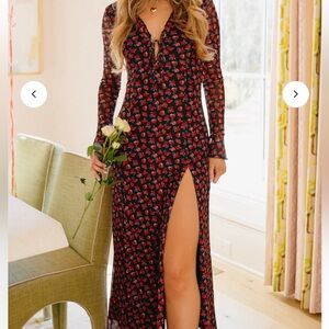 vestique Black Maxi Dress with Red Floral Print and High Slit